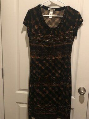 Liz Claiborne Black and Brown Patterned comfort Midi Dress beaded neck trim